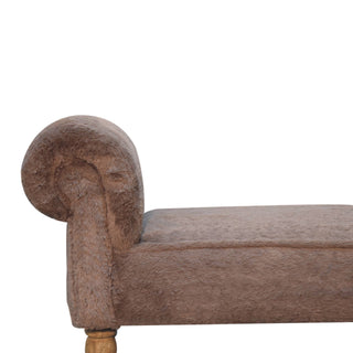 Dova End-of-Bed Bench Mocha Faux Fur Rolled Arms Natural Turned Wood Legs