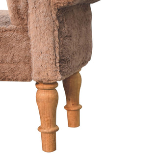 Dova End-of-Bed Bench Mocha Faux Fur Rolled Arms Natural Turned Wood Legs