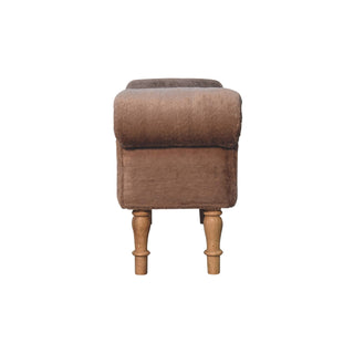Dova End-of-Bed Bench Mocha Faux Fur Rolled Arms Natural Turned Wood Legs