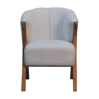 Luna Accent Chair White Boucle Minimalist Tub Exposed Wood Frame