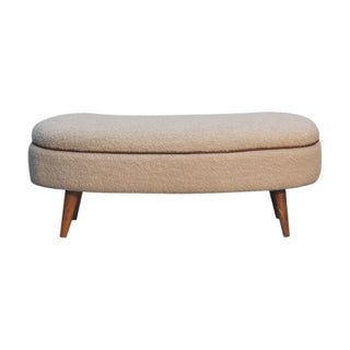 Lyra Upholstered Bench Cream Boucle Curved Kidney Leather Piping Nordic Legs