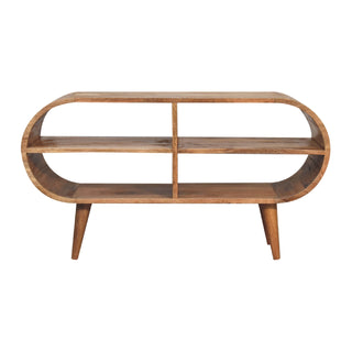 Ovalo Media Unit Natural Oak Mango Wood Full-Oval Wraparound Body Four Open Shelves with Tapered Legs
