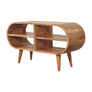 Ovalo Media Unit Natural Oak Mango Wood Full-Oval Wraparound Body Four Open Shelves with Tapered Legs