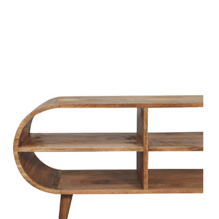 Ovalo Media Unit Natural Oak Mango Wood Full-Oval Wraparound Body Four Open Shelves with Tapered Legs