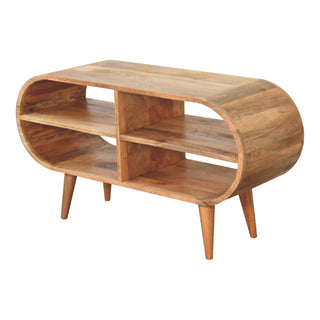 Ovalo Media Unit Natural Oak Mango Wood Full-Oval Wraparound Body Four Open Shelves with Tapered Legs