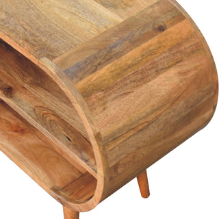 Ovalo Media Unit Natural Oak Mango Wood Full-Oval Wraparound Body Four Open Shelves with Tapered Legs
