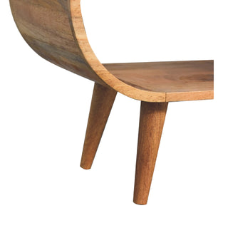 Ovalo Media Unit Natural Oak Mango Wood Full-Oval Wraparound Body Four Open Shelves with Tapered Legs