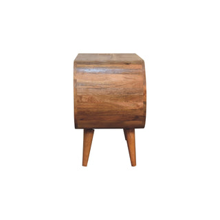 Ovalo Media Unit Natural Oak Mango Wood Full-Oval Wraparound Body Four Open Shelves with Tapered Legs