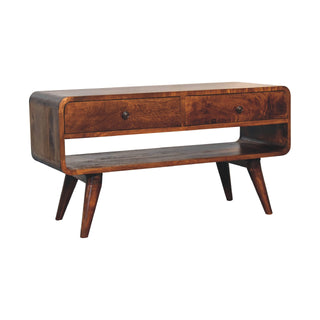 Ember Media Unit Chestnut Mango Wood Reverse-Curve Body Twin Drawers with Nordic Tapered Legs