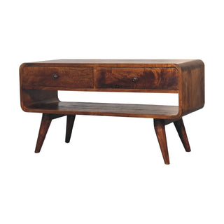 Ember Media Unit Chestnut Mango Wood Reverse-Curve Body Twin Drawers with Nordic Tapered Legs