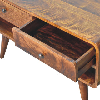 Ember Media Unit Chestnut Mango Wood Reverse-Curve Body Twin Drawers with Nordic Tapered Legs