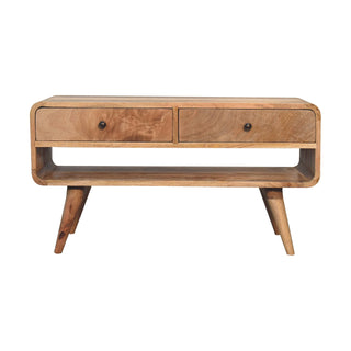 Wren Media Unit Raw Oak Mango Wood Reverse-Curve Body Twin Drawers with Nordic Tapered Legs