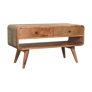 Wren Media Unit Raw Oak Mango Wood Reverse-Curve Body Twin Drawers with Nordic Tapered Legs
