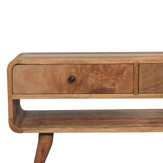 Wren Media Unit Raw Oak Mango Wood Reverse-Curve Body Twin Drawers with Nordic Tapered Legs