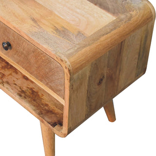 Wren Media Unit Raw Oak Mango Wood Reverse-Curve Body Twin Drawers with Nordic Tapered Legs