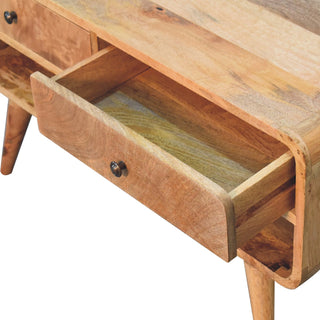 Wren Media Unit Raw Oak Mango Wood Reverse-Curve Body Twin Drawers with Nordic Tapered Legs