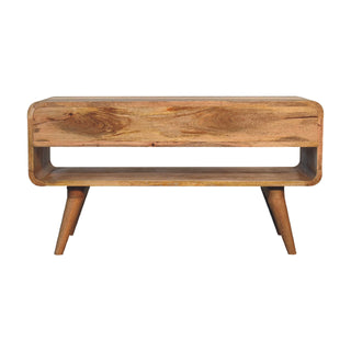 Wren Media Unit Raw Oak Mango Wood Reverse-Curve Body Twin Drawers with Nordic Tapered Legs