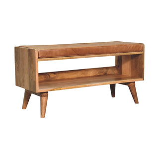 Scout Shoe Bench Solid Mango Wood Tan Leather Seat Pad Open Shelf Mid-Century Legs