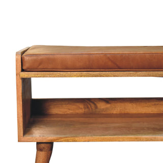 Scout Shoe Bench Solid Mango Wood Tan Leather Seat Pad Open Shelf Mid-Century Legs