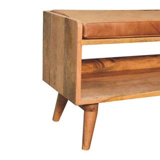 Scout Shoe Bench Solid Mango Wood Tan Leather Seat Pad Open Shelf Mid-Century Legs
