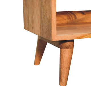 Scout Shoe Bench Solid Mango Wood Tan Leather Seat Pad Open Shelf Mid-Century Legs