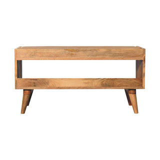 Scout Shoe Bench Solid Mango Wood Tan Leather Seat Pad Open Shelf Mid-Century Legs