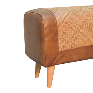 Cayo Hallway Bench Seagrass Woven Panel Buffalo Hide Leather Rim Chestnut Nordic Legs
