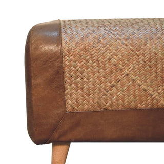 Cayo Hallway Bench Seagrass Woven Panel Buffalo Hide Leather Rim Chestnut Nordic Legs