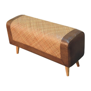 Cayo Hallway Bench Seagrass Woven Panel Buffalo Hide Leather Rim Chestnut Nordic Legs