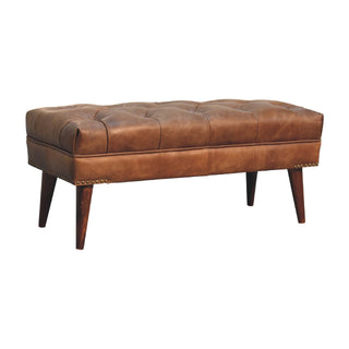 Bridle Hallway Bench Brown Buffalo Leather Button Tufted Antique Brass Studs Chestnut Legs