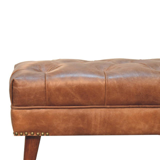 Bridle Hallway Bench Brown Buffalo Leather Button Tufted Antique Brass Studs Chestnut Legs