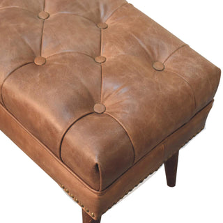 Bridle Hallway Bench Brown Buffalo Leather Button Tufted Antique Brass Studs Chestnut Legs