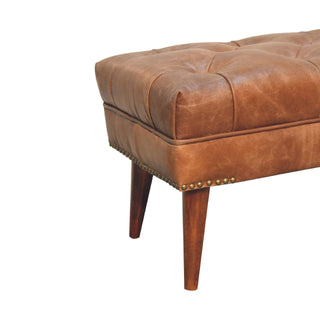 Bridle Hallway Bench Brown Buffalo Leather Button Tufted Antique Brass Studs Chestnut Legs