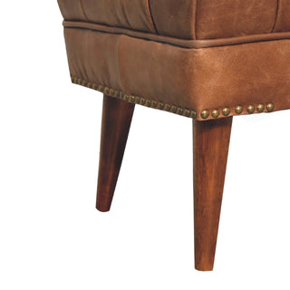 Bridle Hallway Bench Brown Buffalo Leather Button Tufted Antique Brass Studs Chestnut Legs