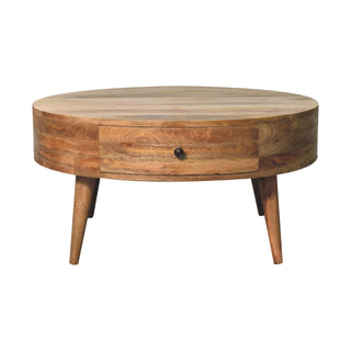 Cirro Round Coffee Table Solid Mango Wood Drum Body Hidden Drawer Natural Oak