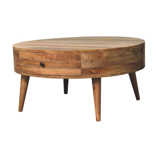 Cirro Round Coffee Table Solid Mango Wood Drum Body Hidden Drawer Natural Oak