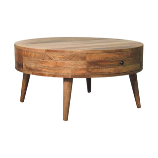 Cirro Round Coffee Table Solid Mango Wood Drum Body Hidden Drawer Natural Oak