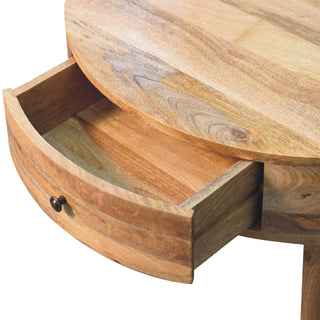Cirro Round Coffee Table Solid Mango Wood Drum Body Hidden Drawer Natural Oak