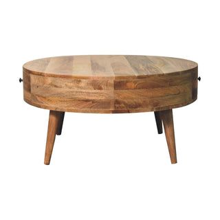 Cirro Round Coffee Table Solid Mango Wood Drum Body Hidden Drawer Natural Oak