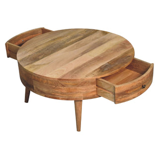 Cirro Round Coffee Table Solid Mango Wood Drum Body Hidden Drawer Natural Oak