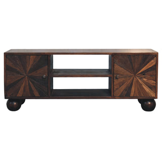 Harlo TV Media Unit Walnut Reclaimed Mango Wood Sunburst Panels with Ball Feet