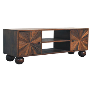 Harlo TV Media Unit Walnut Reclaimed Mango Wood Sunburst Panels with Ball Feet