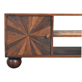 Harlo TV Media Unit Walnut Reclaimed Mango Wood Sunburst Panels with Ball Feet