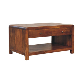 Dunn Coffee Table with Drawers Solid Mango Wood Lower Shelf Square Legs Chestnut