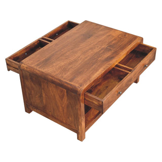 Dunn Coffee Table with Drawers Solid Mango Wood Lower Shelf Square Legs Chestnut