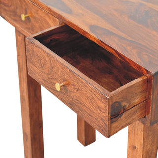 Kaia Slim Console Table with Drawers Straight Block Legs Chestnut Sheesham Wood