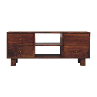 Seren Media Unit Sheesham Wood Chestnut Finish Four Drawers Brass Knobs