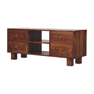 Seren Media Unit Sheesham Wood Chestnut Finish Four Drawers Brass Knobs
