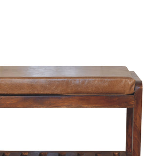 Brixo Hallway Shoe Bench Tan Buffalo Leather Seat Slatted Lower Shelf Block Feet