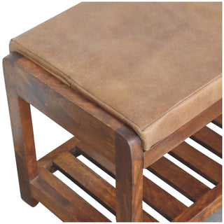Brixo Hallway Shoe Bench Tan Buffalo Leather Seat Slatted Lower Shelf Block Feet